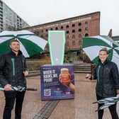 Launch of Greene King Pubs'  ‘It Rains, We Pour’ campaign, Manchester with 9ft tall pint glass detector.