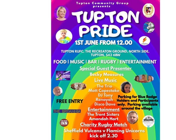 The first-ever Tupton Pride event, organised by Tupton Community Group, will be hosted at Tupton Rugby Club recreation ground from 12 noon to 6 pm on Saturday, June 1 – with a special guest Becky Measures as the presenter.