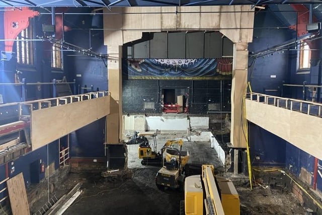 In the main auditorium, the flooring, seating and stage have now been removed from the theatre to allow for the refurbishment works, temporary protective covers have been used to protect carved woodwork which will be restored before reopening.