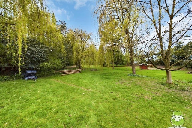 The delightful back garden contains a wooded area with mature trees.