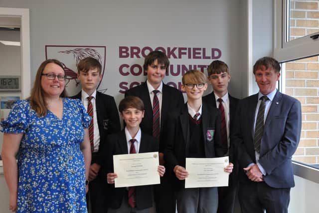The winning ‘Pythagoras Prospects’ team from Brookfield Community School in Chesterfield was comprised of math wizzes Toby Barnett, George Reddish, Felix Cooke, Benjamin Rowbottom and Harry Collins.