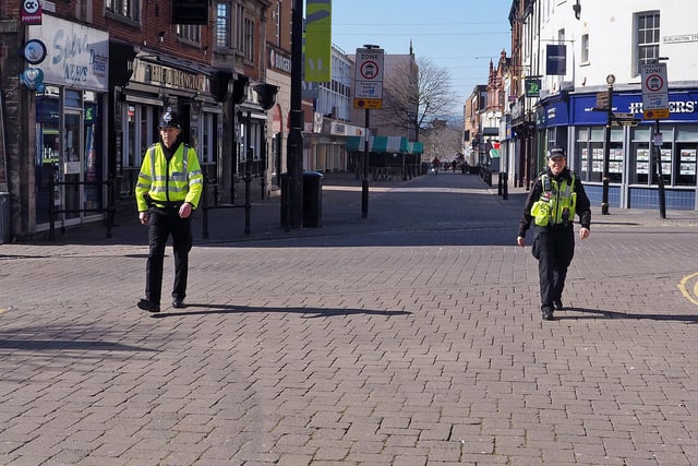 Social distancing-police patrol the streets in Chesterfield in March 2020.