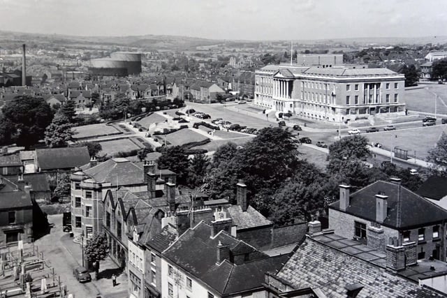 Chesterfield Town Hall in 1959, with a view looking towards Rose Hill from the Market Hall.