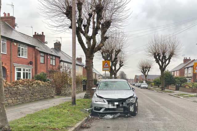 The damaged Seat Leon pictured in the aftermath of the crash on Springfield Avenue, Brampton