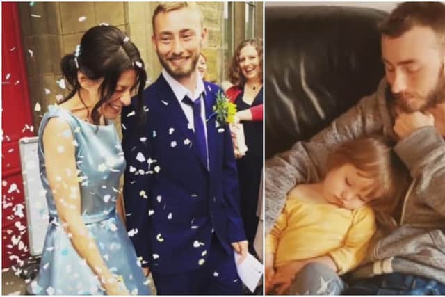Josh is pictured with wife Talia on their wedding day and with son Luke, two.