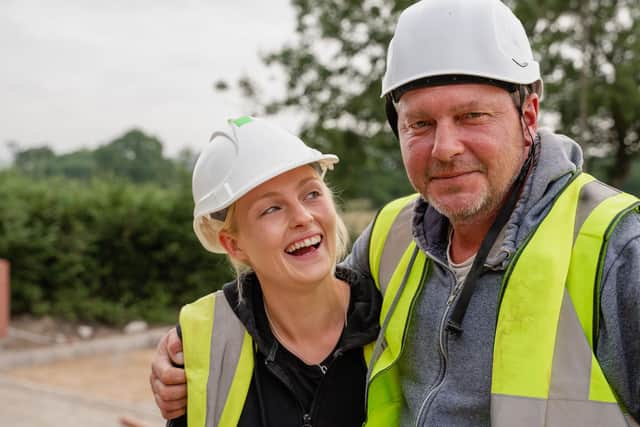 Jeorgia Pureser, from Monmouth, and her dad Merv on the site at Heage (photo: BBC/Button Down /Ollie Bostock)