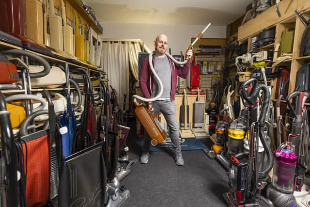 James with a selection of vacuum cleaners that are on show in his museum at Market Street, Heanor (photo: Fabio De Paola)
