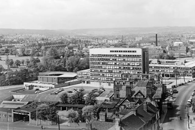 View from the top of the Market Hall tower to West Bars, Chesterfield, 1964