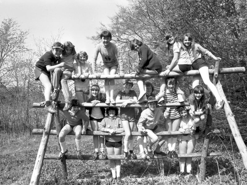 Schoolgirls from Bridgend and Balbardie schools playing at Middleton Camp near Gorebridge in Midlothian in May 1982.