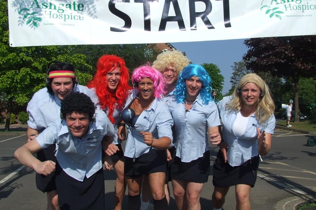 Male agents from Auto Windscreens donned kirts, blouses and wigs to raise money for Ashgate Hospice in 2010. Chris Walters, Craig Shawcross, Andrew Marsh, Josh Walker, Ryan Fisher, Kieran Denny and Lee Hutton are pictured left to right.