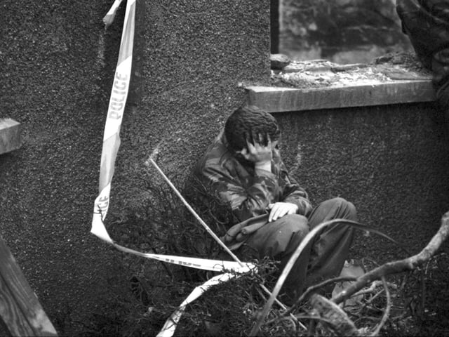An exhausted RAF serviceman in the Borders town of Lockerbie, where Pan Am flight 103, a 747 Jumbo jet, crashed after a bomb exploded on board in December 1988.