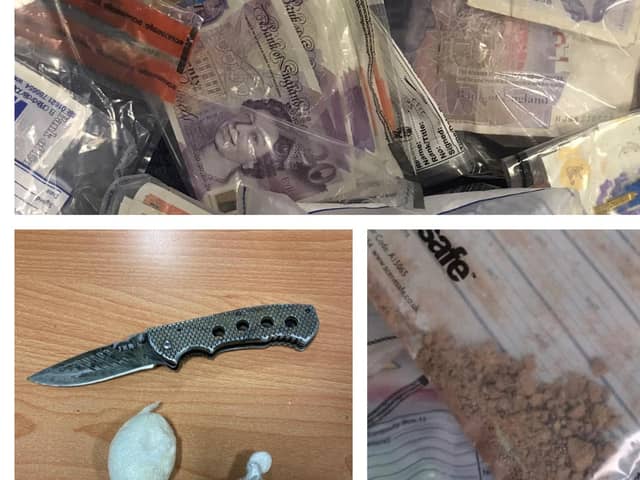 A quantity of what is believed to be heroin and cannabis were found - along with a lock knife, cash, and four mobile phones.