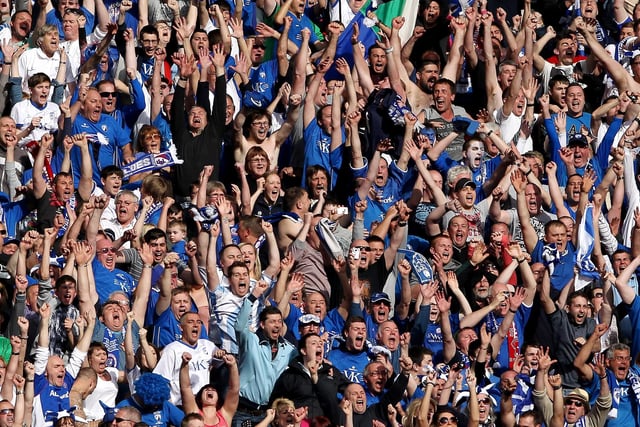 Chesterfield fans celebrate after their second goal during the Johnstone's Paint trophy Final between Swindon Town and Chesterfield at Wembley Stadium in 2012.