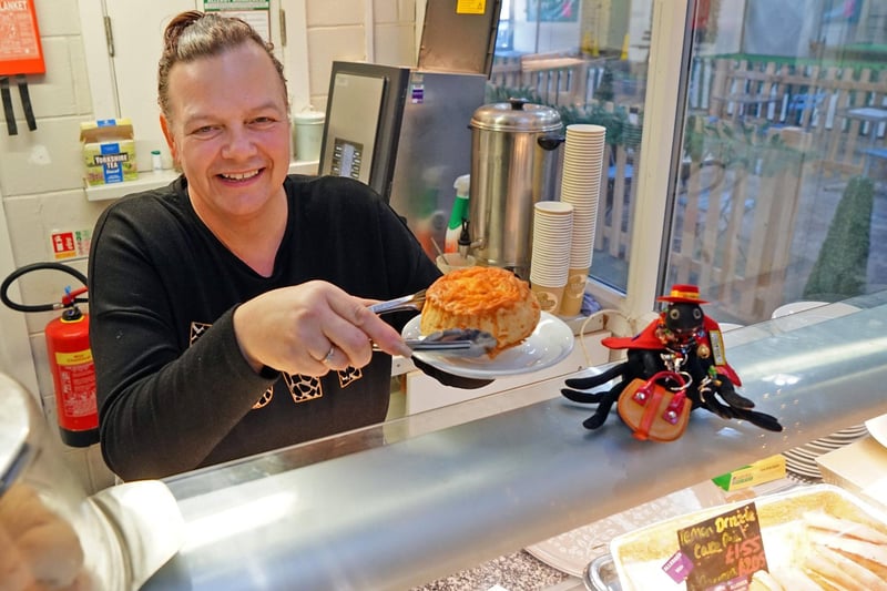 Tina Evans, 50, of Tee’s Cafe.
“All the different characters. All the regulars that come in and you can say ‘usual?’ and you know what they want. It’s manic and fun. I started 2020. I opened for two weeks as a cafe, and then we ended up going into lockdown, so we did deliveries, folk coming in, forming a line, in a queue, then going back out. Collection. And we did that all the way through, and we’ve survived, yeah.”