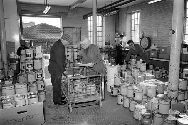 The stockroom of Craig & Rose paint company in Leith Walk Edinburgh, October 1979. Established in 1829 by young Scottish entrepreneurs James Craig and Hugh Rose, Craig & Rose manufactured their high-quality paints from a factory on Leith Walk. The company famously won the contract to paint the iconic Forth Bridge, and provided the paint for more than 100 years