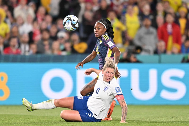 Millie Bright battles for the ball with Colombia's forward Ivonne Chacon during the Women's World Cup quarter-final between Colombia and England at Stadium Australia in Sydney. (Photo by Izhar KHAN / AFP) (Photo by IZHAR KHAN/AFP via Getty Images)