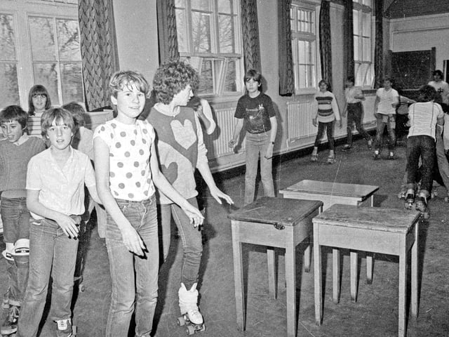 Roller skating kids in Ripley, December, 1983.