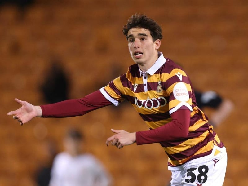 BRADFORD, ENGLAND - OCTOBER 31: Freddy Jeffreys of Bradford City reacts during the EFL Trophy match between Bradford City and Manchester City U21 at University of Bradford Stadium on October 31, 2023 in Bradford, England. (Photo by George Wood/Getty Images) : Free agent Freddy Jeffreys is having a trial at Sheffield Wednesday with a view to a contract being offered, (The Star). Freddy Jeffreys (19) is out of contract after leaving Bradford.