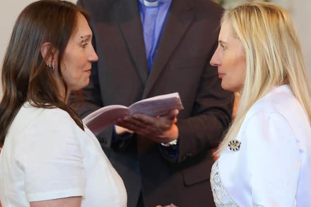 Karen Bradshaw and Justine Linden have made history by becoming the first gay couple to be married in a church in the High Peak, . Pic Jason Chadwick