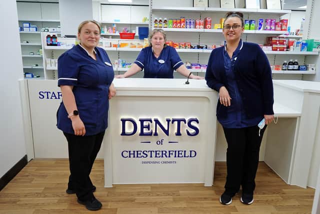 Dents of Chesterfield's new chemist shop opens at Avenue House Surgery, on Saltergate. Pictured are Jemma Pollard, Lynne Steele and Leza Green.