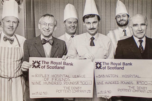 Denby pottery charity cheque presentation to Ripley Hospital LOF and Babbington hospital in 1990