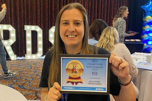Hannah Marsden, resort manager at Gulliver’s Kingdom, with a national theme park award.