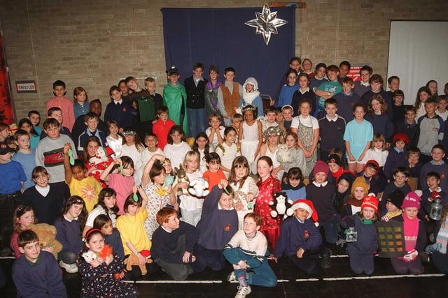 Pictured at St Maries RC School, Fulwood Road, Sheffield, where the cast of the school's Christmas Nativity show are seen on stage in 1997