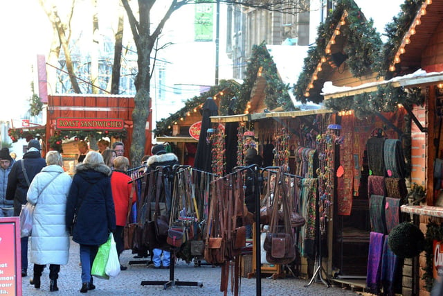 Wooden huts at Sheffield Christmas Market on Fargate.
