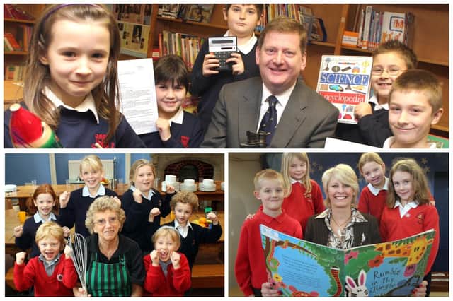 Happy staff and pupils at schools in Calow, Dronfield and Bakewell, clockwise from top.
