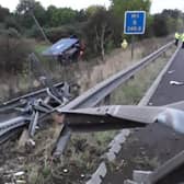 Drivers have been warned of huge tailbacks on the M1 after a lorry crashed through a safety barrier and down an embankment.Image: National Highways Yorkshire.
