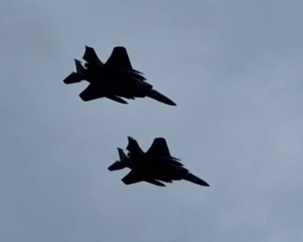 USAF F15s fly low over Endcliffe Park in tribute to Mi Amigo B17 bomber crew killed in WW2 crash in Sheffield. Picture: David Kessen, National World
