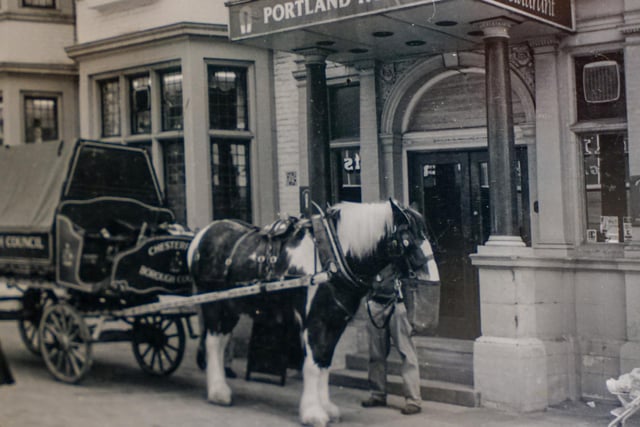 Chesterfield Borough Council's horse and cart outside the Portland Hotel in 1991