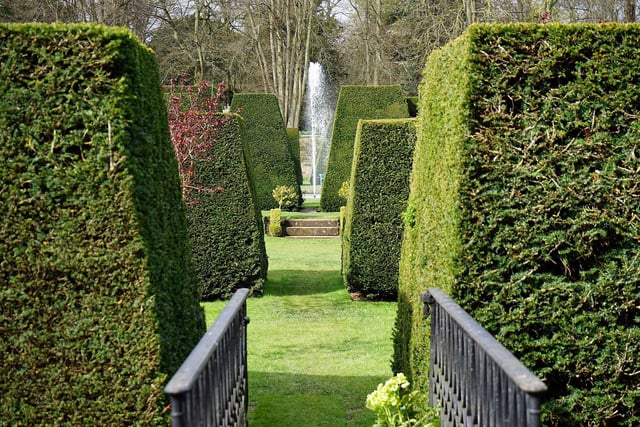 A fountain glimpsed through the exquisitely manicured greenery.