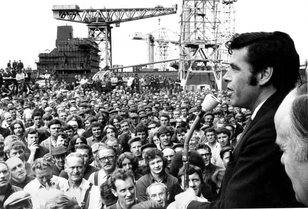 Shop stewards convener Jimmy Reid addresses a mass meeting of the Upper Clyde Shipyards at Clydebank, July 1971.