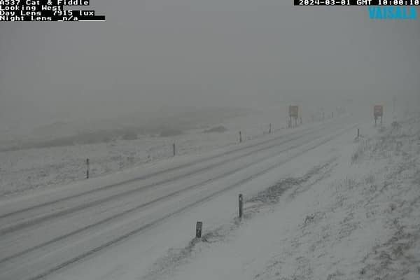 Snow is falling on the A537, along with other routes across Derbyshire. Credit: Derbyshire County Council