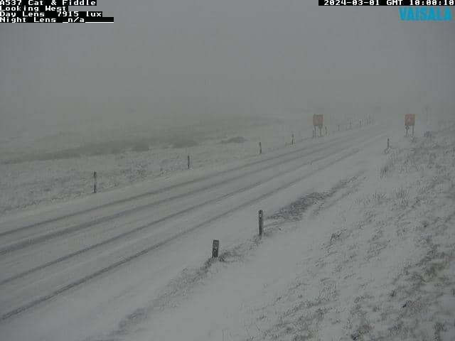 Snow is falling on the A537, along with other routes across Derbyshire. Credit: Derbyshire County Council
