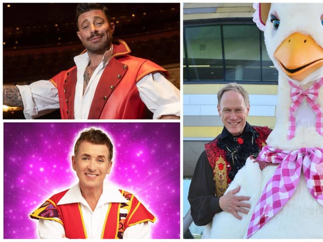 Todd Boyce stars in Mother Goose at Derby, Duncan James in Beauty And The Beast at Sheffield and Shane Richie in Dick Whittington at Nottingham, pictured anti-clockwise from right.