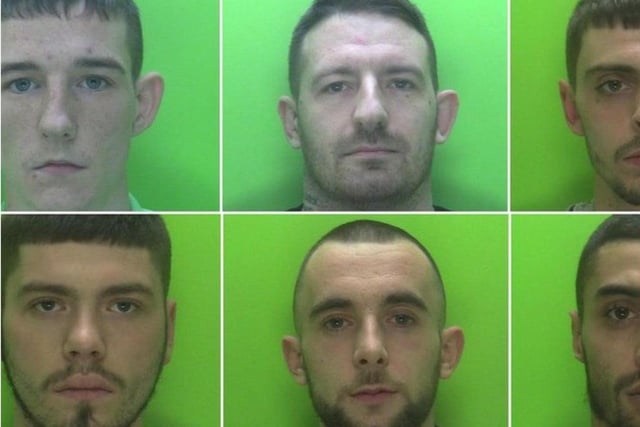 The six men found guilty of the murder of Ross Ball: Shaun Buckley (top left), Garry Cooper (top centre), Anthony Daw (top right), Jake Honer (bottom left), Matthew Jones (bottom centre), John McDonald (bottom right)
A drugs gang who almost hacked off a man's foot in a gruesome street murder have been jailed for 173 years after they were caught on CCTV boasting about the killing.
Ringleader Garry Cooper, 34, of Kirkby, was jailed for 29 years.
Shaun Buckley, 29, of Solihull, Jake Honer, 21, Anthony Daw, 25, and Matthew Jones, 23, all of Birmingham, were each caged for 25 years.
John McDonald, 25, also of Birmingham, was sentenced to a minimum of 23 years.
Connor Sharman, 22, of no fixed address, was convicted of manslaughter and conspiracy to supply class A drugs and sentenced to 21 years.
Buckley, Honer, Daw, Jones, Cooper and Sharman had previously pleaded guilty to conspiracy to supply class A Drugs.
The court heard Cooper and his gang had forced Mr Ball into letting them use is flat to sell drugs in exchange for giving him crack cocaine, heroin and mamba.
Users would post cash through the letterbox of the flat in Sutton-in-Ashfield with the drugs being posted back from the inside.
Days before the murder, a rival gang had taken over the flat and Cooper ordered his men to attack Mr Ball.
The gang burst into the flat where Mr Ball and two other men were and they tried to escape by jumping out the window.
The six men fled the scene in two cars and set off automatic number plate recognition cameras along their journey, allowing detectives investigating the murder to build up apicture of their movements.
Police spent hours going through mobile phone records to prove the gang had been near the cameras at the times that they had picked up the suspect vehicles.
Three members of the group were captured on CCTV meeting with Cooper, who was not at the scene but ordered the killing, in Mansfield town centre after the attack.
