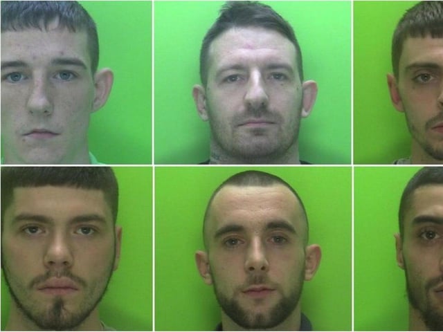 The six men found guilty of the murder of Ross Ball: Shaun Buckley (top left), Garry Cooper (top centre), Anthony Daw (top right), Jake Honer (bottom left), Matthew Jones (bottom centre), John McDonald (bottom right)
A drugs gang who almost hacked off a man's foot in a gruesome street murder have been jailed for 173 years after they were caught on CCTV boasting about the killing.
Ringleader Garry Cooper, 34, of Kirkby, was jailed for 29 years.
Shaun Buckley, 29, of Solihull, Jake Honer, 21, Anthony Daw, 25, and Matthew Jones, 23, all of Birmingham, were each caged for 25 years.
John McDonald, 25, also of Birmingham, was sentenced to a minimum of 23 years.
Connor Sharman, 22, of no fixed address, was convicted of manslaughter and conspiracy to supply class A drugs and sentenced to 21 years.
Buckley, Honer, Daw, Jones, Cooper and Sharman had previously pleaded guilty to conspiracy to supply class A Drugs.
The court heard Cooper and his gang had forced Mr Ball into letting them use is flat to sell drugs in exchange for giving him crack cocaine, heroin and mamba.
Users would post cash through the letterbox of the flat in Sutton-in-Ashfield with the drugs being posted back from the inside.
Days before the murder, a rival gang had taken over the flat and Cooper ordered his men to attack Mr Ball.
The gang burst into the flat where Mr Ball and two other men were and they tried to escape by jumping out the window.
The six men fled the scene in two cars and set off automatic number plate recognition cameras along their journey, allowing detectives investigating the murder to build up apicture of their movements.
Police spent hours going through mobile phone records to prove the gang had been near the cameras at the times that they had picked up the suspect vehicles.
Three members of the group were captured on CCTV meeting with Cooper, who was not at the scene but ordered the killing, in Mansfield town centre after the attack.