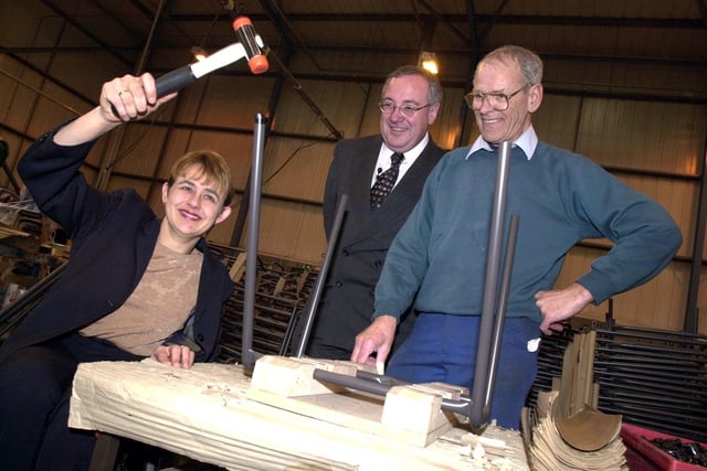 Olympic Gold Medallist Tanni Grey-Thompson on the production line at Remploys factory in Sheffield as it was awarded Centre of Excellence status. With her are Regional Manager John Waterhouse and production worker Gordon White