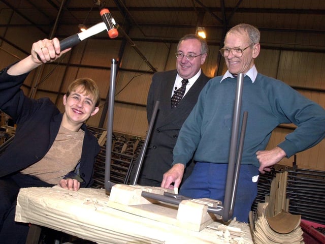 Olympic Gold Medallist Tanni Grey-Thompson on the production line at Remploys factory in Sheffield as it was awarded Centre of Excellence status. With her are Regional Manager John Waterhouse and production worker Gordon White