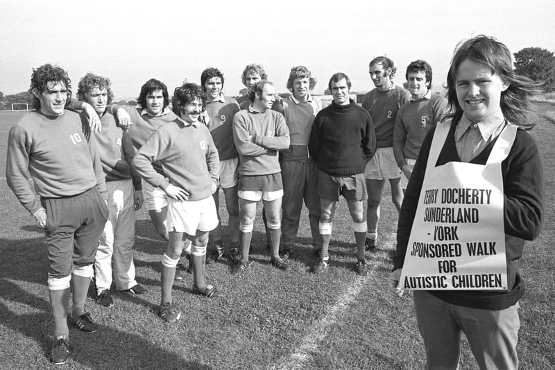 Terry Docherty planned to spend 3 days walking to York to raise money for the Tyneside Society for Austistic Children in 1975.  Here he is pictured with some of the Sunderland AFC squad who were sponsoring him. 
Pictured left to right:  Vic Halom, Tony Towers, Bill Hughes, Bobby Kerr, Ian Porterfield, Jeff Clarke, Pop Robson, Jimmy Montgomery, Arthur Cox, Dick Malone, Joe Bolton.