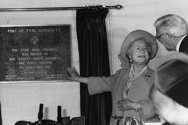 Queen Elizabeth, the Queen Mother is pictured unveiling the plaque at the Port of Tyne, to mark the opening of the Tyne Coal Terminal, in November 1985.