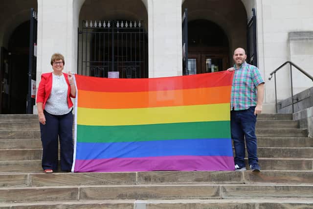Councillor Tricia Gilby, leader of Chesterfield Borough Council, pictured with Dan Walker, Chesterfield Pride organiser at the Town Hall.