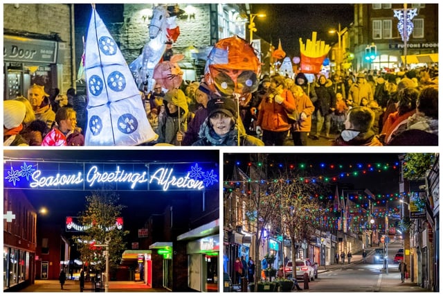 Christmas is coming: Lantern parade in Bolsover, festive lights in Belper and a cheery sign in Alfreton, clockwise from top.
