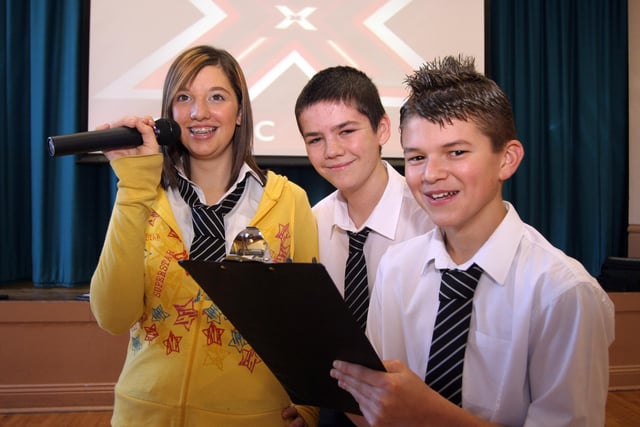 Lauren Baggley, left, winner of the X Factor competition at Clowne Heritage School with Adam Jennings and Josh Greveson