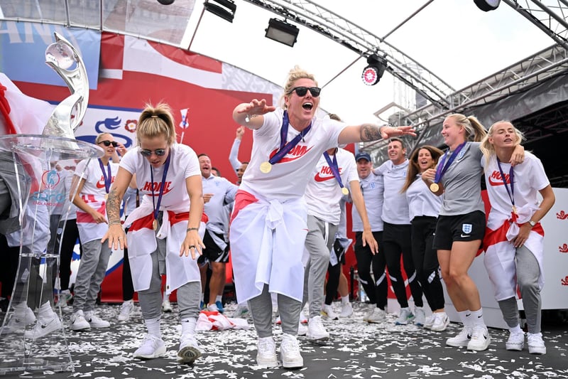 Rachel Daly and Millie Bright enjoy the the England Women's Team Celebration at Trafalgar Square, the day after England beat Germany 2-1 in the Final of The UEFA European Women's Championship in 2022.  (Photo by Leon Neal/Getty Images)
