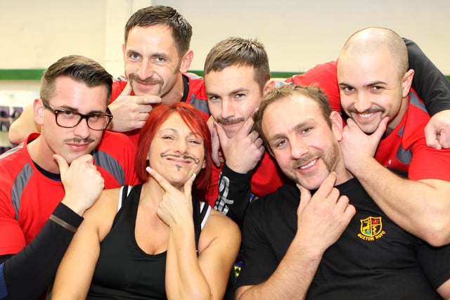 Movember fund raisers at a Buxton gym in 2011, pictured are  George Darbyshire, Andy Lomax, Yvonne Morson, Sean Doxey, Gav Passey and Ian Hancox