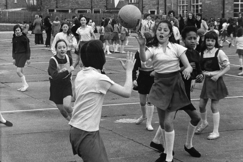 Girls from Ashley Road and St Bede's junior schools were competing in the South Shields Junior Schools Netball Tournament held at Horsley Hill School in April 1975.