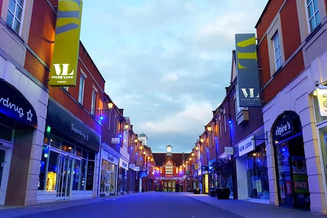 Vicar Lane in Chesterfield lit up blue to honour the NHS.